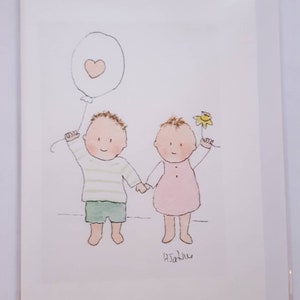 Carte frère et sœur, carte jumelle, amis. Fait main et imprimé à partir de ma carte intérieure vierge aquarelle originale