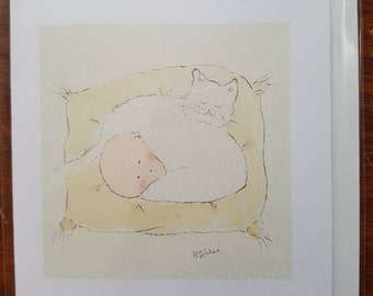 Baby card, baby with a cat on a cushion. Handmade and printed from an original watercolour, blank inside card