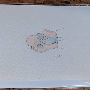 Carte aquarelle originale signée bébé garçon OOAK Carte intérieure vierge Oeuvre d'art originale