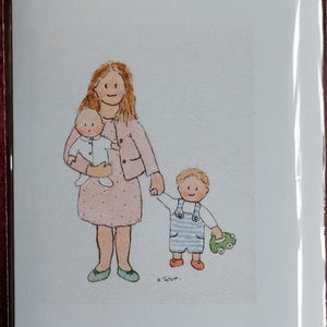 Mamá con bebé y niño pequeño. Hecho a mano e impreso con acuarela original. Interior en blanco.