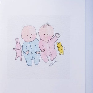 Célébration de bébé douche jumelle faite à la main et imprimée à partir de ma carte intérieure vierge aquarelle originale