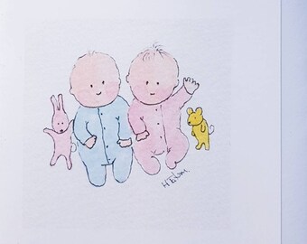 Twin shower baby celebration handmade and printed from my original watercolour blank inside card