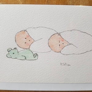 Tarjeta original de acuarela firmada con un niño gemelo. OOAK. Interior en blanco.
