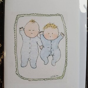 Carte de voeux pour jumeaux bébé garçon en bleu faite à la main à partir d'une carte de douche de jumeaux aquarelle originale