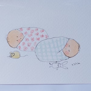 Zwillingsbaby Karte. Eine Original signierte Aquarell Karte. Innen leer