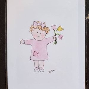Kleines Mädchen mit Blumen Karte ist handgemacht und von meiner originalen Aquarellkarte gedruckt