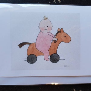 Cartão de menina...menininha em um cavalo, em branco por dentro, feito à mão com uma aquarela original.