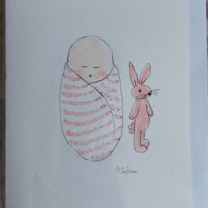 Une carte originale de bébé fille aquarelle signée. Carte OOAK vierge à l'intérieur.