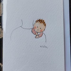 Une carte originale de bébé fille aquarelle signée.  Carte OOAK.   Blanc à l'intérieur.
