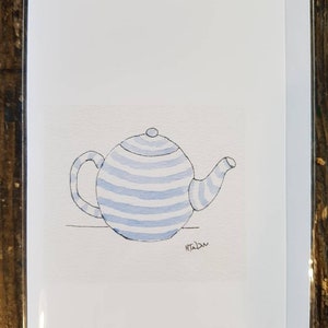 Carta teiera, carta teiera a righe blu e bianche, vuota all'interno, realizzata a mano e stampata da un acquerello originale.
