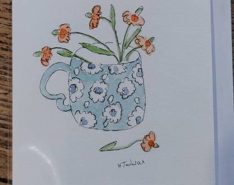 Flowers in a blue cup, an original signed OOAK watercolour card blank inside handmade.