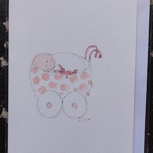 Une carte originale de bébé fille aquarelle signée. Blanc à l'intérieur.