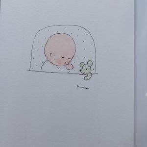 Carte de bébé, carte aquarelle originale signée. Carte OOAK. Blanc à l'intérieur.