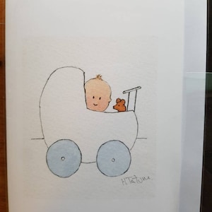 Cartão de bebê no carrinho... para um novo bebê, feito à mão e impresso a partir de uma aquarela original. Interior em branco.
