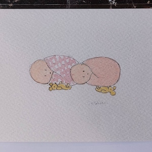 Zwillingsmädchen original OOAK Aquarell Karte signiert. Innenseite leer. Besondere Zwillingsmädchen Karte.