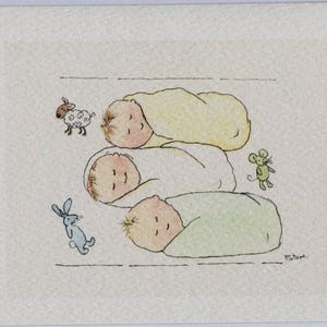 Newborn tripletkaart, handgemaakt en bedrukt met mijn originele aquarel. Blanco binnenkant.