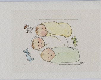 Newborn triplet card, handmade and printed from my original watercolour. Blank inside.