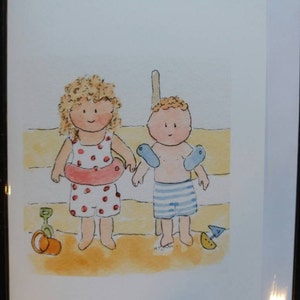 Kinderkaarten. Kinderen op het strand-kaartkaarten voor broers en zussen, broers en zussen, kaarten voor kinderen, blanco binnenkant van aquarelkaarten.