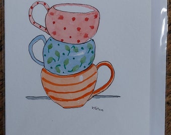 Teacup card original signed OOAK watercolour card blank inside. Special handmade card.