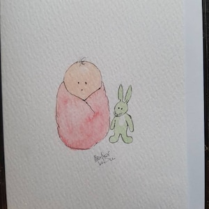 Aquarelle originale et signée, carte de douche de bébé fille. OOAK Blanc à l'intérieur