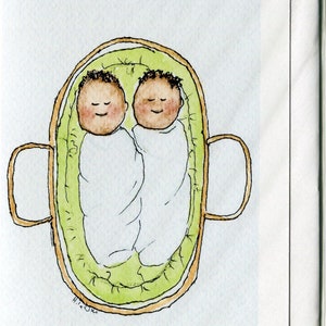 Cartão de bebê gêmeo feito à mão e impresso a partir do meu original em aquarela