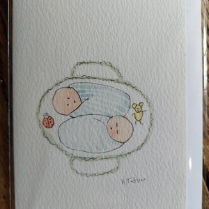 Original signierte Aquarell Karte für Zwillingsjungen. OOAK Karte. Handgemachte Karte. Innen leer.