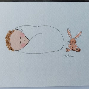 Carte de bébé originale aquarelle signée, neutre en termes de genre, vierge à l'intérieur