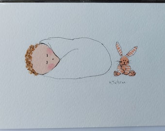 Original signed watercolour baby card gender neutral card blank inside