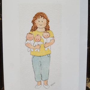 Biglietto triplet, una mamma con i suoi gemelli.. fatto a mano e stampato da un acquerello originale. Interno vuoto.
