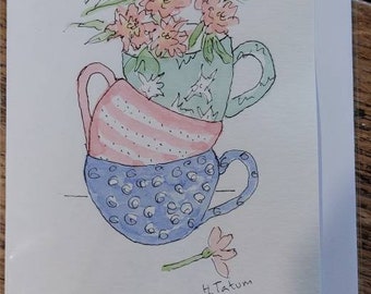 Original signed watercolour OOAK card handmade blank inside. Cups and flowers.