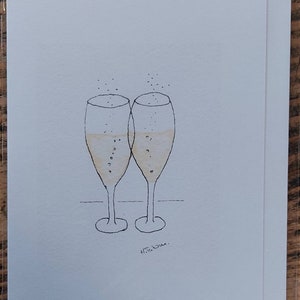 オリジナルの水彩画から印刷されたシャンパングラスの手作りカード。カードの内側は空白です。