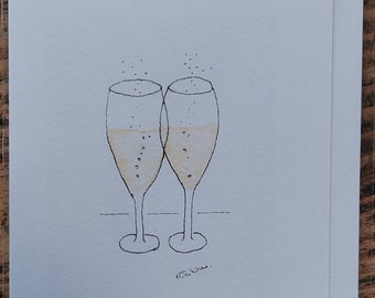 Champagne glasses handmade card printed from an original watercolour. Blank inside card.