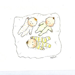 Cartão de trigêmeos, cartões de trigêmeos neutros em termos de gênero, feitos à mão e impressos a partir do meu cartão original em branco em aquarela.
