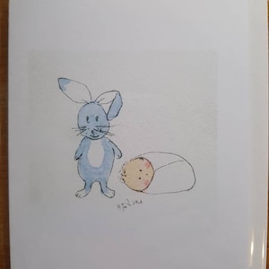 Carte de petit garçon avec un lapin bleu faite à la main et imprimée à partir d'un blanc original aquarelle à l'intérieur