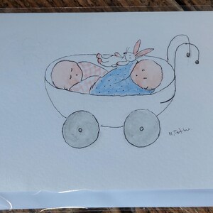 Gemelli. Una carta gemella originale firmata ad acquerello. Gemelli maschio e femmina. Carta OOAK. Interno vuoto.