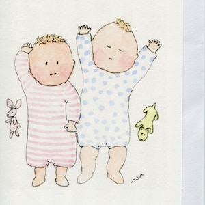 Cartões gêmeos, menino e menina gêmeos feitos à mão e impressos a partir da minha aquarela original.