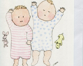 Twin cards, boy and girl twins handmade and printed from my original watercolour blank inside.