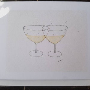 Tarjeta con copas de champán hecha a mano e impresa a partir de mi acuarela original en blanco en el interior.