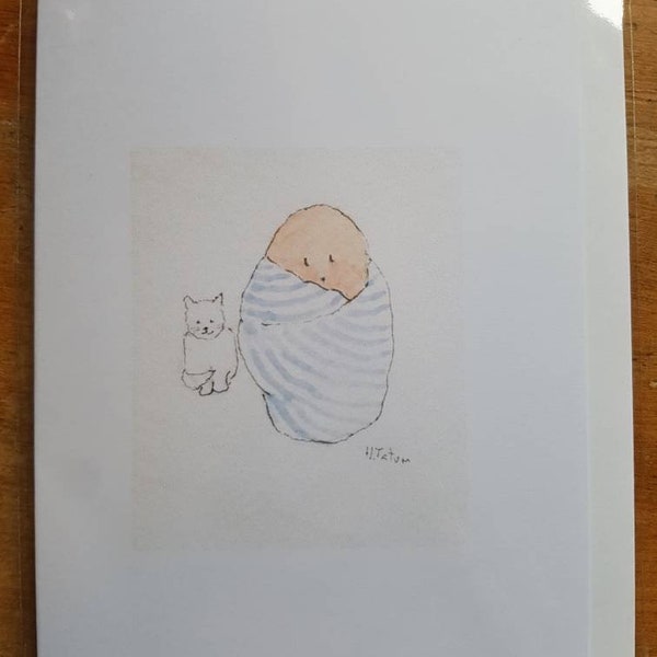 Baby boy card, baby boy with a white cat, handmade and printed from an original watercolour.  Blank inside