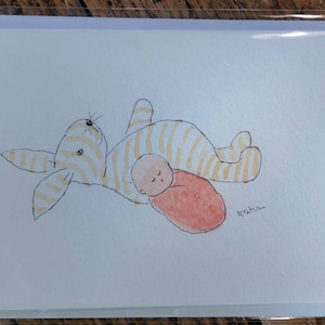 Original signed watercolour card OOAK Special baby girl card blank inside card. Handmade card.
