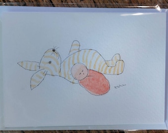 Original signed watercolour card OOAK Special baby girl card blank inside card. Handmade card.