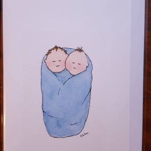 Biglietto di auguri per gemelli maschi, fatto a mano e stampato da un acquerello originale. Interno vuoto.