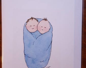 Twin baby boy card handmade and printed from an original watercolour. Blank inside card