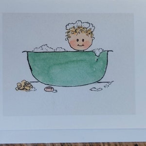 Cartes bébé fille, bébé dans le bain. Fait main et imprimé à partir de ma carte intérieure vierge aquarelle originale.