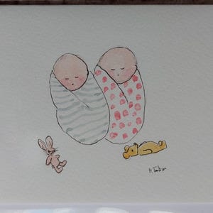 Une carte originale de jumeaux pour bébés aquarelle signée. Blanc à l'intérieur.  Carte OOAK.