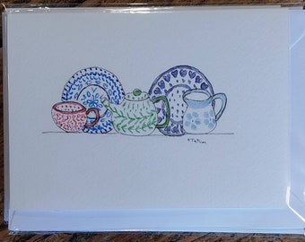 China on a shelf card original signed OOAK watercolour card  blank inside card.