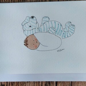 Biglietto di auguri per neonato originale OOAK, firmato, acquerello, con interno vuoto.