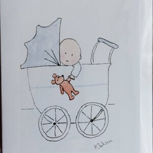 ベビーカーに乗った男の子とテディベア。手作りで、私のオリジナルの水彩画の空白カードから印刷されています。