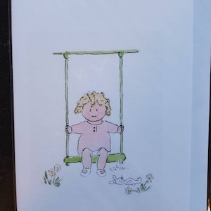 Cartões de menina, uma menina em um balanço, cartão feito à mão e impresso a partir de uma aquarela original - em branco por dentro.