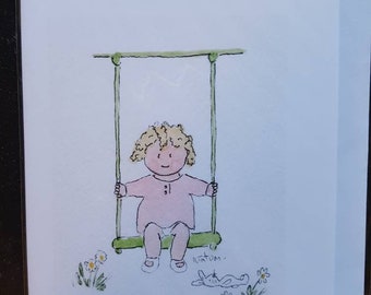 Tarjetas de niña, una niñita en un columpio, tarjeta hecha a mano e impresa a partir de una acuarela original, en blanco por dentro.